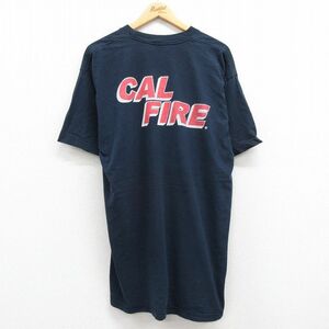 XL/古着 半袖 ビンテージ Tシャツ メンズ 00s 消防署 CAL FIRE 大きいサイズ ロング丈 コットン クルーネック 紺 ネイビー 23jul20 中 2OF