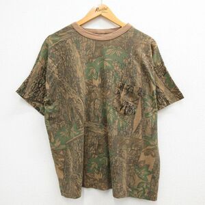 XL/古着 半袖 ビンテージ Tシャツ メンズ 90s 木 葉 TREBARK 胸ポケット付き 大きいサイズ クルーネック 茶他 ブラウン 迷彩 23may17 2OF