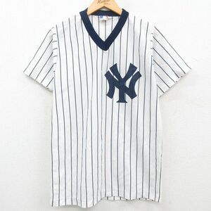 M/古着 半袖 ビンテージ Tシャツ メンズ 80s MLB ニューヨークヤンキース Vネック 白 ホワイト 他 ストライプ メジャーリーグ ベースボ 2OF