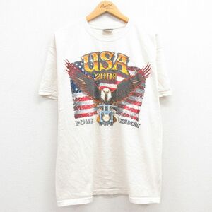 XL/古着 半袖 ビンテージ Tシャツ メンズ 00s バイク ワシ 星条旗 コットン クルーネック 生成り 23may08 中古 2OF