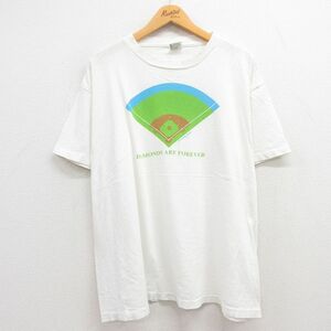 XL/古着 半袖 ビンテージ Tシャツ メンズ 80s 野球 グラウンド 大きいサイズ コットン クルーネック 白 ホワイト 23jul14 中古 2OF