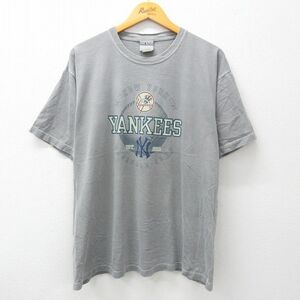 XL/古着 半袖 Tシャツ メンズ MLB ニューヨークヤンキース 大きいサイズ コットン クルーネック グレー 霜降り メジャーリーグ ベース 2OF