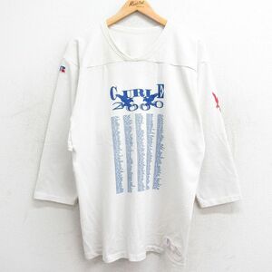 XL/古着 ラッセル 長袖 ビンテージ フットボール Tシャツ メンズ 00s CURIE Vネック 生成り 24jan18 中古 2OF