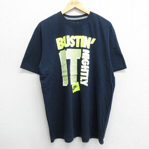 XL/古着 ナイキ NIKE 半袖 ブランド Tシャツ メンズ ワンポイントロゴ BUSTIN IT コットン クルーネック 紺 ネイビー 23apr24 中古 2OF