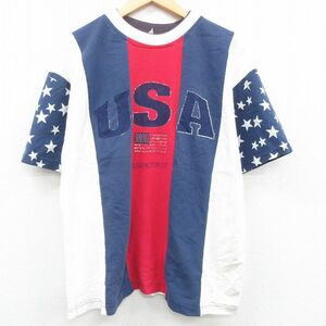 XL/古着 半袖 ビンテージ Tシャツ メンズ 90s USAロゴ 星条旗 ヘリンボーン 鹿の子 大きいサイズ コットン クルーネック 白他 ホワイト 2OF