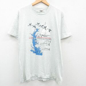 XL/古着 半袖 ビンテージ Tシャツ メンズ 90s 鳥 ヨット 魚 クルーネック 薄グレー 霜降り 23apr22 中古 2OF