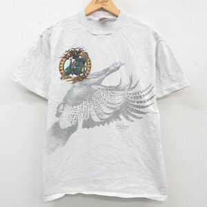 L/古着 半袖 ビンテージ Tシャツ メンズ 90s クジャク 七面鳥 コットン クルーネック 薄グレー 霜降り spe 23jun03 中古 2OF