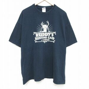 XL/古着 半袖 Tシャツ メンズ シカ 大きいサイズ コットン クルーネック 紺 ネイビー 24mar01 中古 2OF