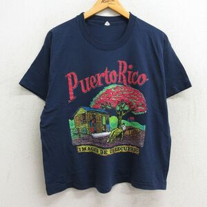 XL/古着 半袖 ビンテージ Tシャツ メンズ 80s プエルトリコ 木 クルーネック 紺 ネイビー 23sep02 中古 2OF