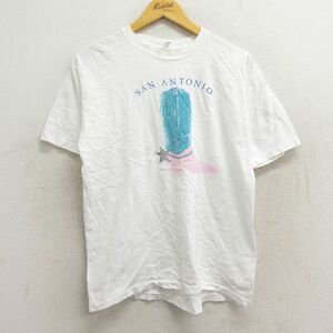 M/古着 半袖 ビンテージ Tシャツ メンズ 80s ウエスタンブーツ サンアントニオ コットン クルーネック 白 ホワイト 23mar16 中古 5OF