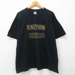 XL/古着 半袖 ビンテージ Tシャツ メンズ 00s CAUTION メッセージ 大きいサイズ コットン クルーネック 黒 ブラック spe 23jun24 中古 2OF