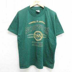 XL/古着 ヘインズ 半袖 ビンテージ Tシャツ メンズ 90s NORWICH USAロゴ ニューヨーク クルーネック 緑 グリーン 23apr27 中古 2OF