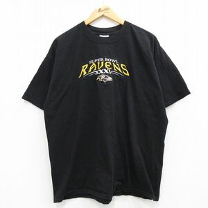 XL/古着 半袖 ビンテージ Tシャツ メンズ 00s NFL ボルチモアレイブンズ 刺繍 コットン クルーネック 黒 ブラック アメフト スーパーボ 2OF