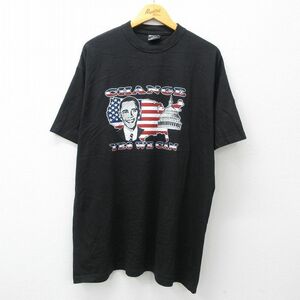 XL/古着 半袖 ビンテージ Tシャツ メンズ 00s バラクオバマ 星条旗 大きいサイズ ロング丈 コットン クルーネック 黒 ブラック 23jul14 2OF