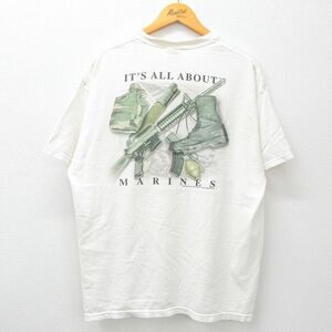 XL/古着 半袖 ビンテージ Tシャツ メンズ 90s ミリタリー マリーンズ 銃 大きいサイズ コットン クルーネック 白 ホワイト 23sep07 中 2OF