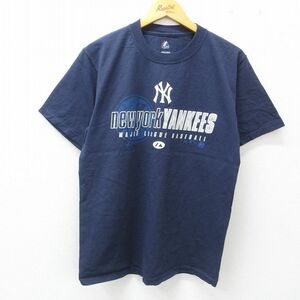 L/古着 マジェスティック 半袖 ビンテージ Tシャツ メンズ 00s MLB ニューヨークヤンキース コットン クルーネック 紺 ネイビー メジャ 2OF