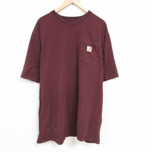 XL/古着 カーハート Carhartt 半袖 ブランド Tシャツ メンズ 胸ポケット付き 大きいサイズ ロング丈 コットン クルーネック エンジ 23m 5OF