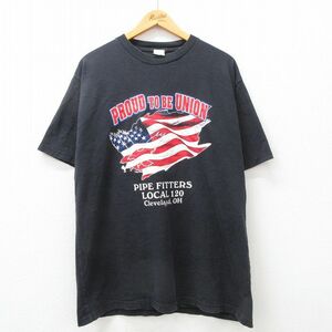 XL/古着 半袖 ビンテージ Tシャツ メンズ 90s 星条旗 PROUD TO BE UNION コットン クルーネック 黒 ブラック 24feb09 中古 2OF