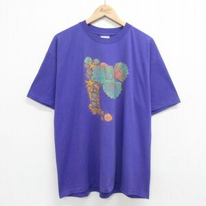 XL/古着 ヘインズ 半袖 ビンテージ Tシャツ メンズ 90s 貝柄 クルーネック 紫 パープル 23sep04 中古 2OF