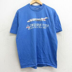 XL/古着 半袖 ビンテージ Tシャツ メンズ 90s 飛行機 デルタ航空 コットン クルーネック 青 ブルー 24feb09 中古 2OF