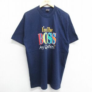 XL/古着 半袖 ビンテージ Tシャツ メンズ 90s BOSS コットン クルーネック 紺 ネイビー spe 23jun26 中古 2OF