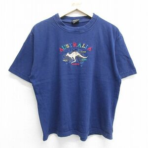 XL/古着 半袖 ビンテージ Tシャツ メンズ 00s オーストラリア カンガルー 刺繍 コットン クルーネック 紺 ネイビー 23jun16 中古 2OF