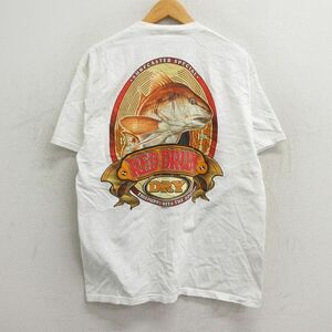 L/古着 半袖 ビンテージ Tシャツ メンズ 00s 魚 レッドドラム 胸ポケット付き コットン クルーネック 白 ホワイト 23sep07 中古 2OF