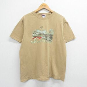 XL/古着 半袖 ビンテージ Tシャツ メンズ グリーンランド 山 川 コットン クルーネック 濃ベージュ カーキ 23apr07 中古 2OF