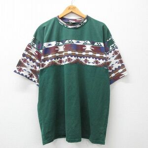 XL/古着 半袖 ビンテージ Tシャツ メンズ 90s ネイティブ柄 ラグ柄 大きいサイズ レーヨン クルーネック 緑他 グリーン 24feb09 中古 2OF