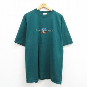 XL/古着 半袖 ビンテージ Tシャツ メンズ 90s グランドキャニオン 刺繍 コットン クルーネック 緑 グリーン 23may31 中古 2OF