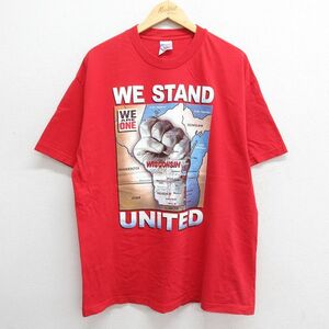 XL/古着 半袖 ビンテージ Tシャツ メンズ 90s WE STAND ウィスコンシン 手 メッセージ コットン クルーネック 赤 レッド 23jun12 中古 2OF