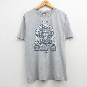 L/古着 マジェスティック 半袖 ビンテージ Tシャツ メンズ 00s MLB ニューヨークヤンキース ワールドシリーズ クルーネック グレー 霜 2OF