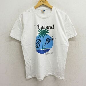 L/古着 半袖 ビンテージ Tシャツ メンズ 90s ヤシの木 タイランド コットン クルーネック 白 ホワイト 23aug09 中古 2OF