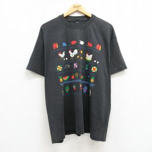 XL/古着 半袖 ビンテージ Tシャツ メンズ 90s ニワトリ ブタ クルーネック 濃グレー 霜降り 23jul17 中古 2OF