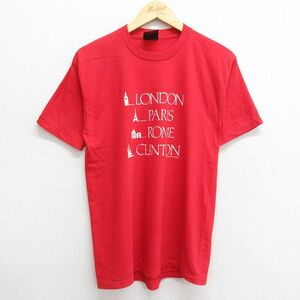 M/古着 ヘルスニット 半袖 ビンテージ Tシャツ メンズ 80s ロンドン パリ ローマ クルーネック 赤 レッド 23jun12 中古 2OF