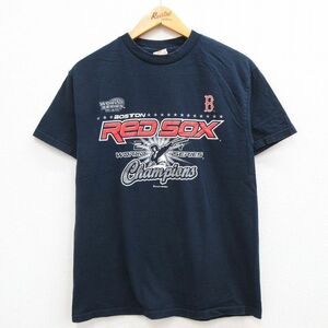 M/古着 半袖 ビンテージ Tシャツ メンズ 00s MLB ボストンレッドソックス ワールドシリーズ コットン クルーネック 紺 ネイビー メジャ 5OF