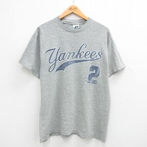 L/古着 半袖 ビンテージ Tシャツ メンズ 00s MLB ニューヨークヤンキース デレクジーター 2 コットン クルーネック グレー 霜降り メジャー