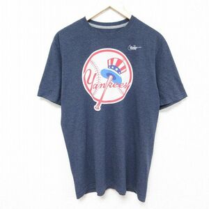 L/古着 ナイキ NIKE 半袖 ブランド Tシャツ メンズ MLB ニューヨークヤンキース クルーネック 薄紺 ネイビー 霜降り メジャーリーグ ベース