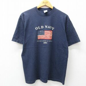 L/古着 オールドネイビー OLD NAVY 半袖 ビンテージ Tシャツ メンズ 00s ビッグロゴ 星条旗 コットン クルーネック 紺 ネイビー 24jun06 中