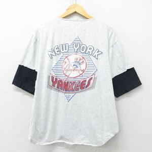 XL/古着 半袖 ベースボール シャツ メンズ 90s MLB ニューヨークヤンキース コットン 薄グレー 霜降り他 メジャーリーグ 野球 24jun07 中古