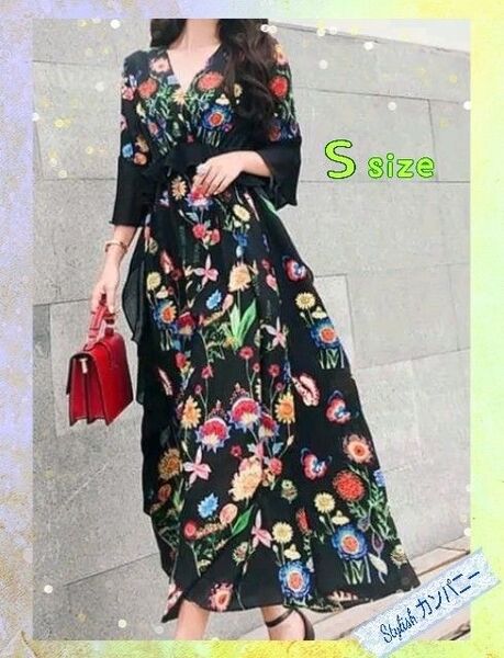鮮やかなカラーでお出掛けに似合う*☆ブラック花柄ワンピース Sサイズ☆*