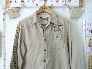 ! clothes 2871! long sleeve flax . shirt sleeve . large embroidery character GOTCHA Gotcha M( smaller?) Used ~iiitomo~