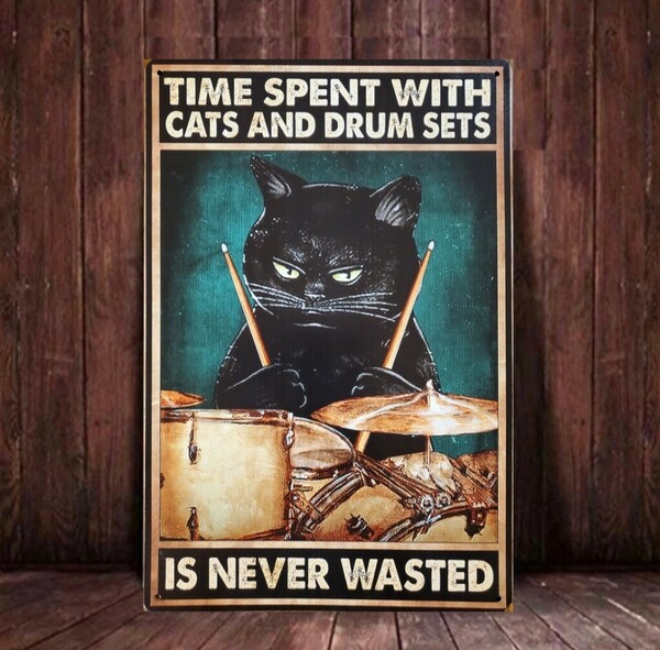 ブリキ看板　HANAKO　レトロ　猫の看板　E19　黒猫　ドラム