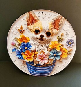 犬の壁飾り　メタルウォールアート　チワワと花　犬の雑貨　HANAKO