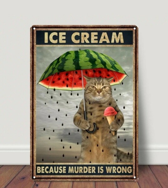 ブリキ看板　HANAKO　レトロ　猫の看板　T82　茶トラ　西瓜　アイスクリーム