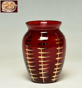 【蔵A3828e】ボヘミアガラス　赤　金彩　フラワーベース　花瓶