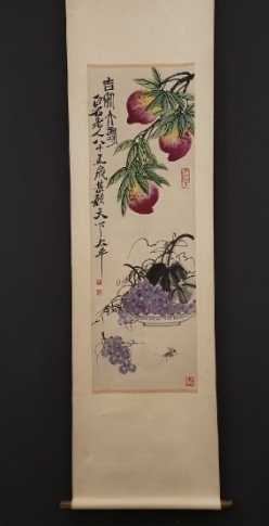中国美術品斉白石先生《吉利大寿白石老人八十五歳甚歓談天下太平款》鈐:「白石」朱文「悔鳥堂」朱文 「借山老人」白文 紙本 肉筆保証