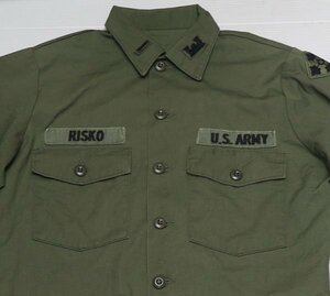 LS26米軍ARMYアメリカ古着ユーティリティシャツUTILITYボックスシャツ70’Sビンテージ長袖シャツ綿ポリ混Lパッチ付き/緑系オールド＆レトロ