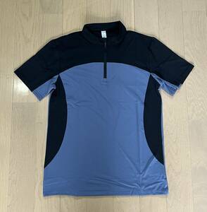 新品4470　夏用半袖トレッキングシャツ　首元ジッパー100％化繊素材　灰／藍　L