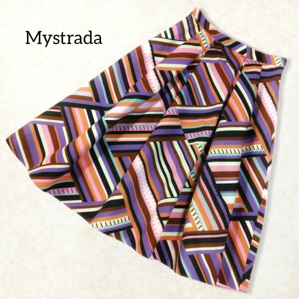 5 【Mystrada】 マイストラーダ カラフル 総柄 フレア スカート 34 XSサイズ 小さいサイズ タック 幾何学模様 マルチカラー 膝丈 ひざ丈